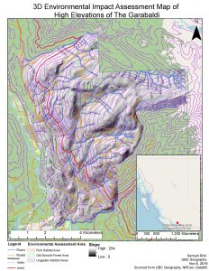 An ArcGIS map created to visualize the elevations of the potential project zones of the Garibaldi Mountains.