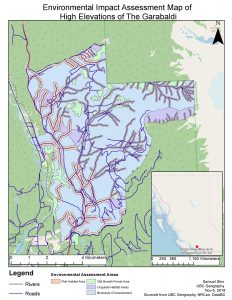 An ArcGIS map created to visualize the environmental impacts within the potential project zones of The Garibaldi.