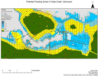 A ArcGIS map created to show the potential flooding zones of False Creek. Inserted is a potential polygon created to visualize a planned area for a new hospital for the Vancouver Downtown Area 