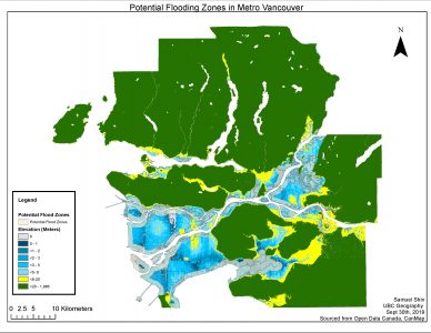An ArcGIS map created to visualize the potential areas of flooding in Metro Vancouver. We buffered 1 kilometer off the coast line to visualize areas underneath the potential flooding zones. 