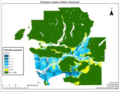 An ArcGIS map created to visualize the elevations of Metro Vancouver. Here we highlighted the elevations underneath 8 meters as it is possible to be affected by flooding.