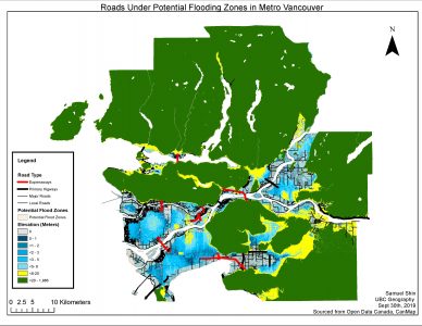 An ArcGIS map created to show the roads of the lower mainland which are affected by this potential flood.